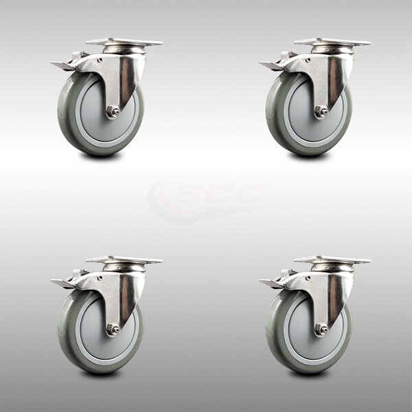 Service Caster 5 Inch 316SS Gray Polyurethane Swivel Top Plate Caster Set Total Lock Brake SCC SCC-SS316TTL20S514-PPUB-4 - main